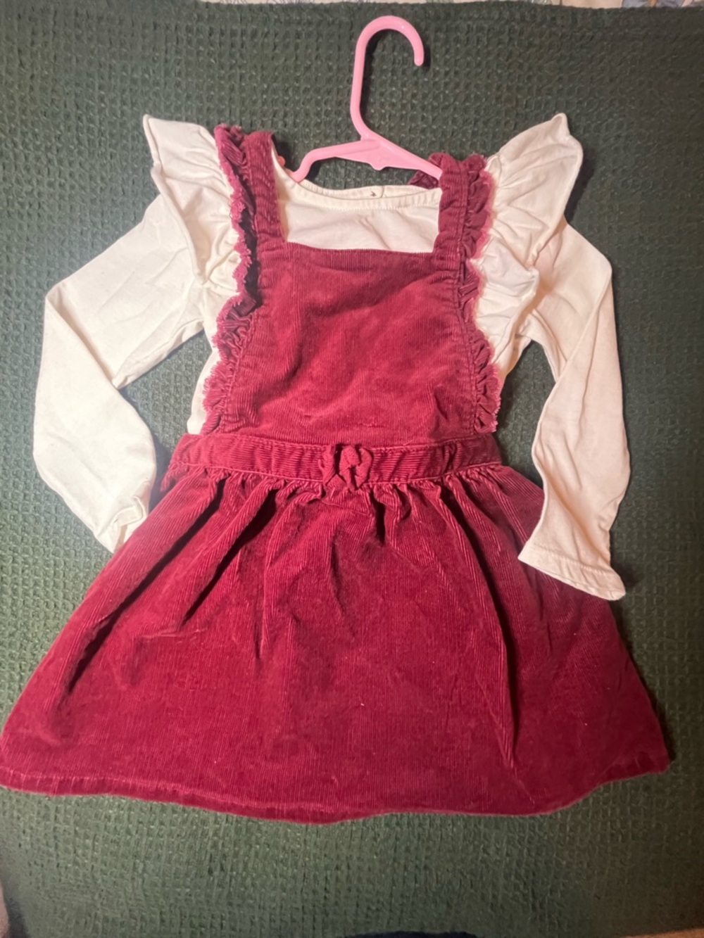 Toddler girls maroon corduroy overall dress with white blouse size 4T